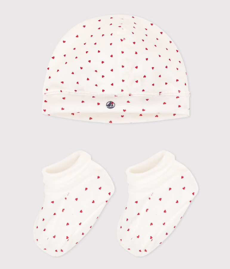 Lot bonnet et chaussons en coton Cœurs (0mois)