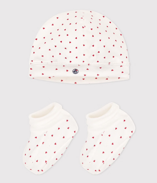 Lot bonnet et chaussons en coton Cœurs (0mois)